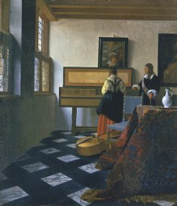 Lady at the Virginals with a Gentleman ('The Music Lesson') by Johannes Vermeer. On loan to the Mauritshuis collection, The Hague. 